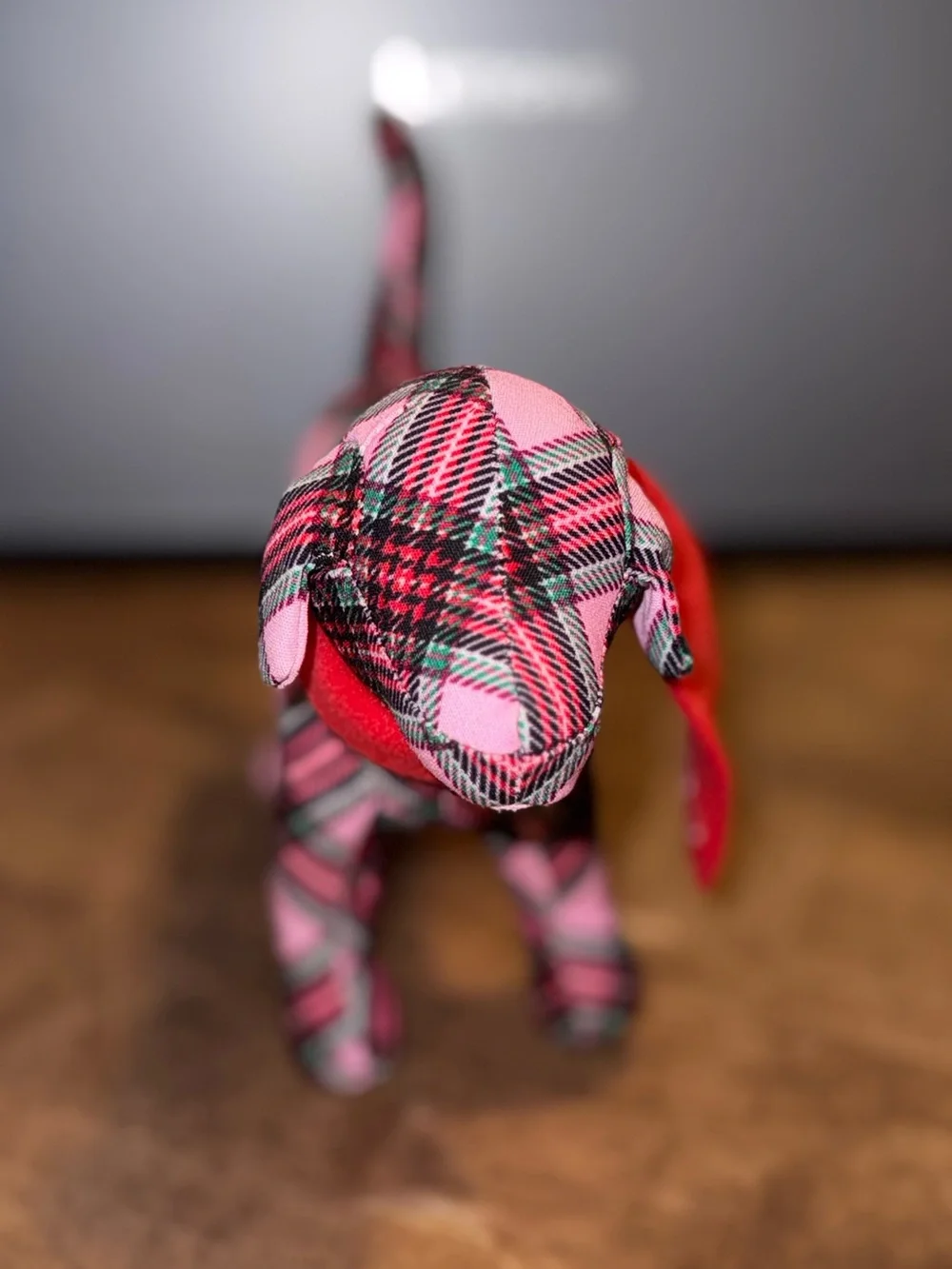 Pink Plaid Dog Toy Figurine with Red Scarf - Pink